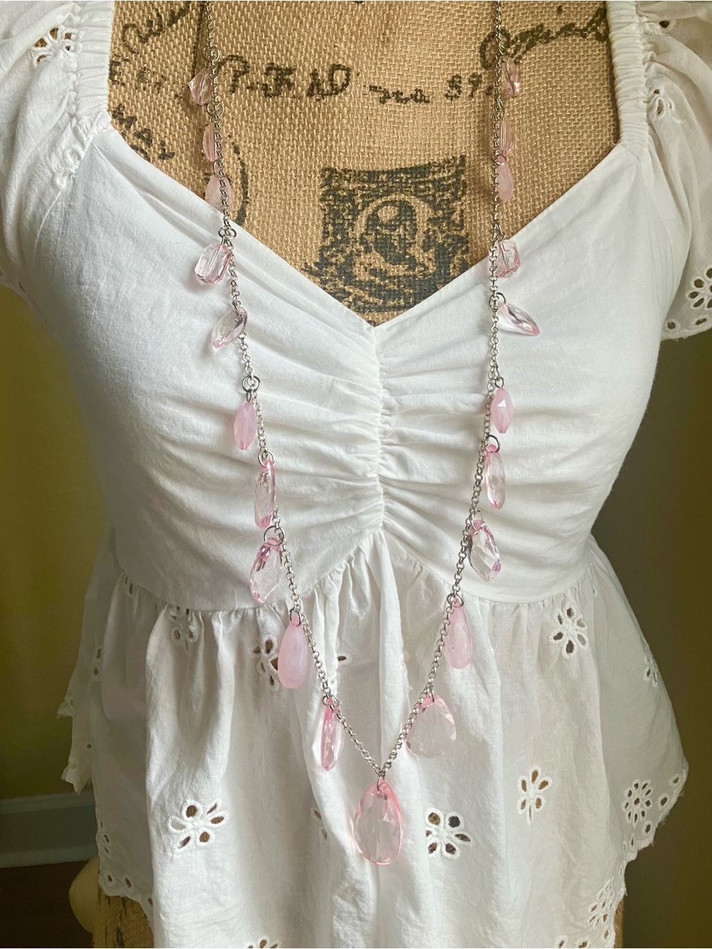 💕Long pink clear rhinestone necklace